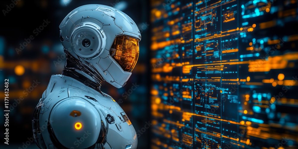 Futuristic AI Robot Analyzing Digital Interface for Innovative Tech Development and Automation Futuristic AI Robot Analyzing Digital Interface for Innovative Tech Development and Automation