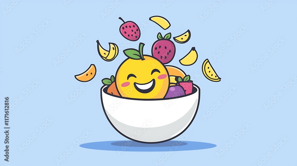A cheerful fruit salad bowl with happy cartoon pieces of fruit dancing inside A cheerful fruit salad bowl with happy cartoon pieces of fruit dancing inside