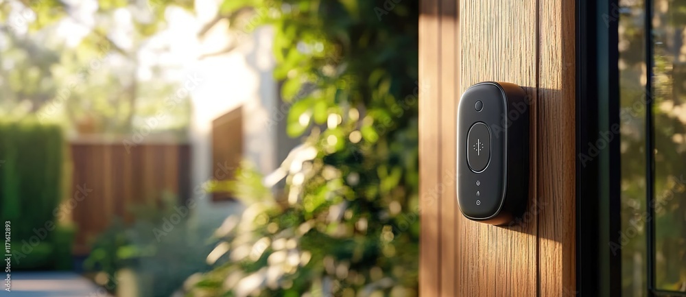 Fototapeta premium A smart door lock with an AI pendant on the front, near modern wooden doors in an outdoor setting.
