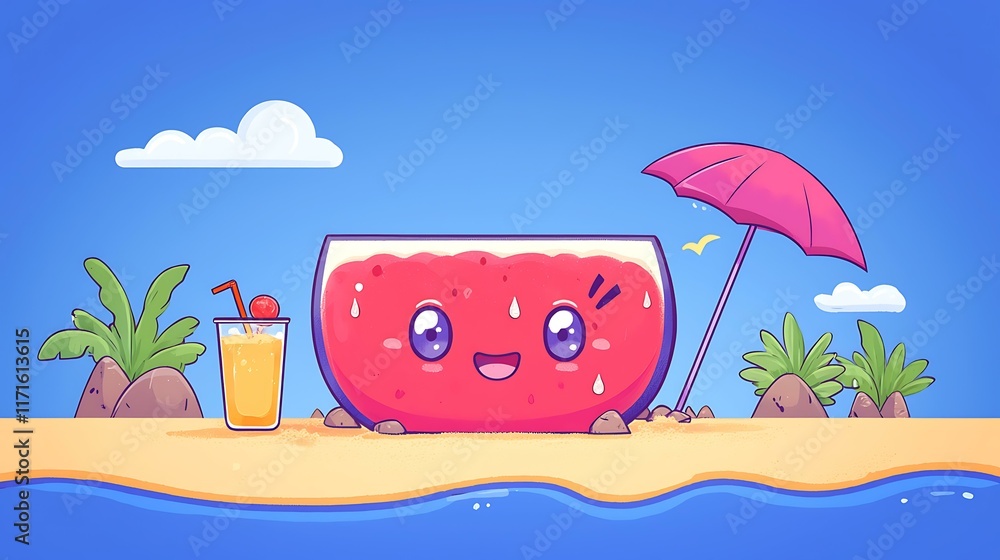 Naklejka premium A cheerful watermelon slice with sparkling eyes, lying on a tropical beach with a drink umbrella