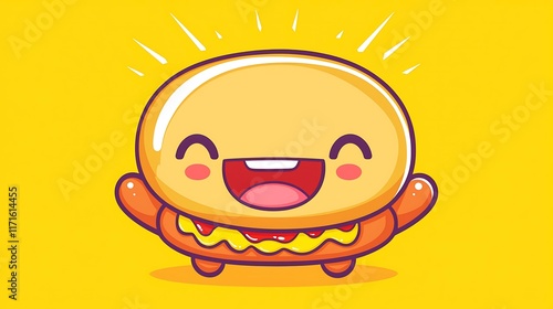 A happy hotdog with cartoon arms and legs, running across a picnic table with ketchup and mustard trails photo