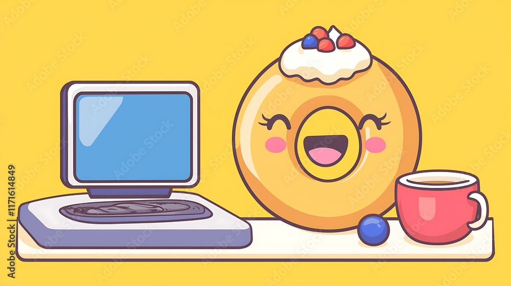 Naklejka premium A kawaii bagel with a happy cream cheese topping, on a bright and cheerful breakfast table