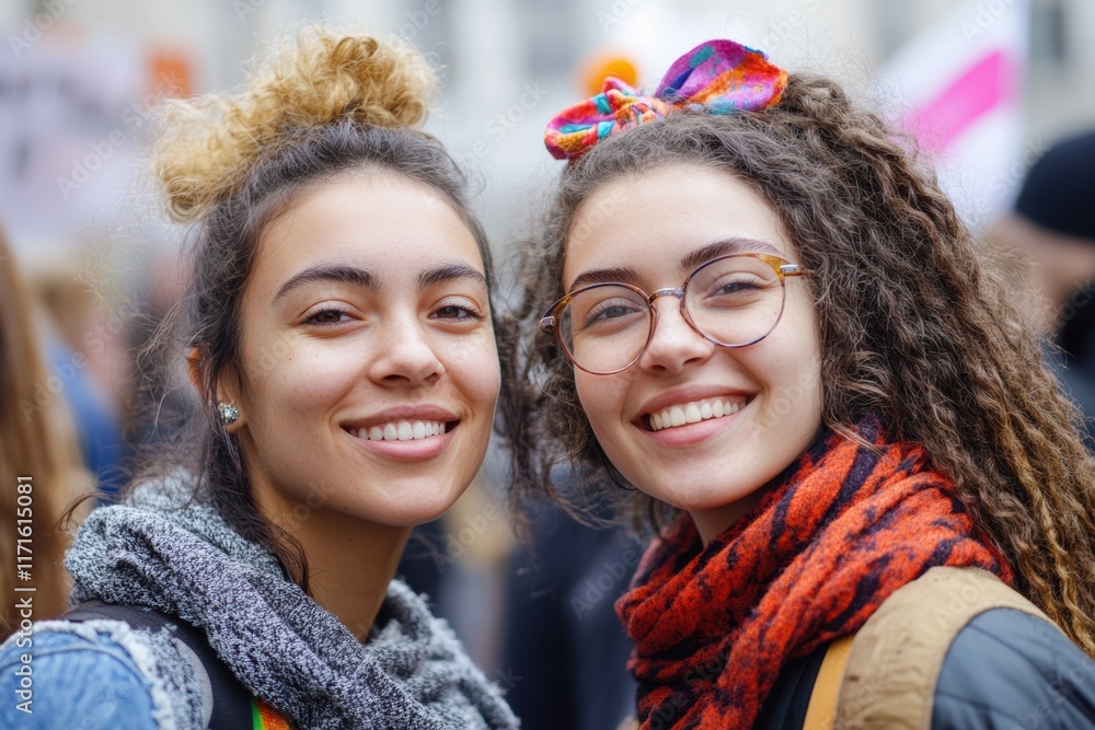 Women celebrating unity and empowerment during a vibrant march in a bustling city Women celebrating unity and empowerment during a vibrant march in a bustling city