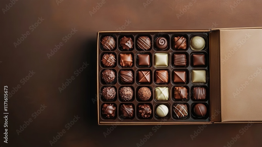 An aerial view of an open box with various chocolates on top, against a brown background. An aerial view of an open box with various chocolates on top, against a brown background.