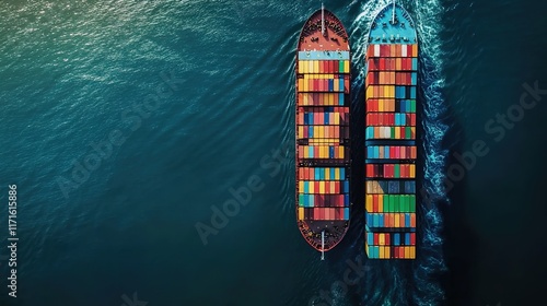 An aerial view of two cargo ships filled with colorful containers sailing side by side in the ocean, symbolizing global trade and connectivity. photo