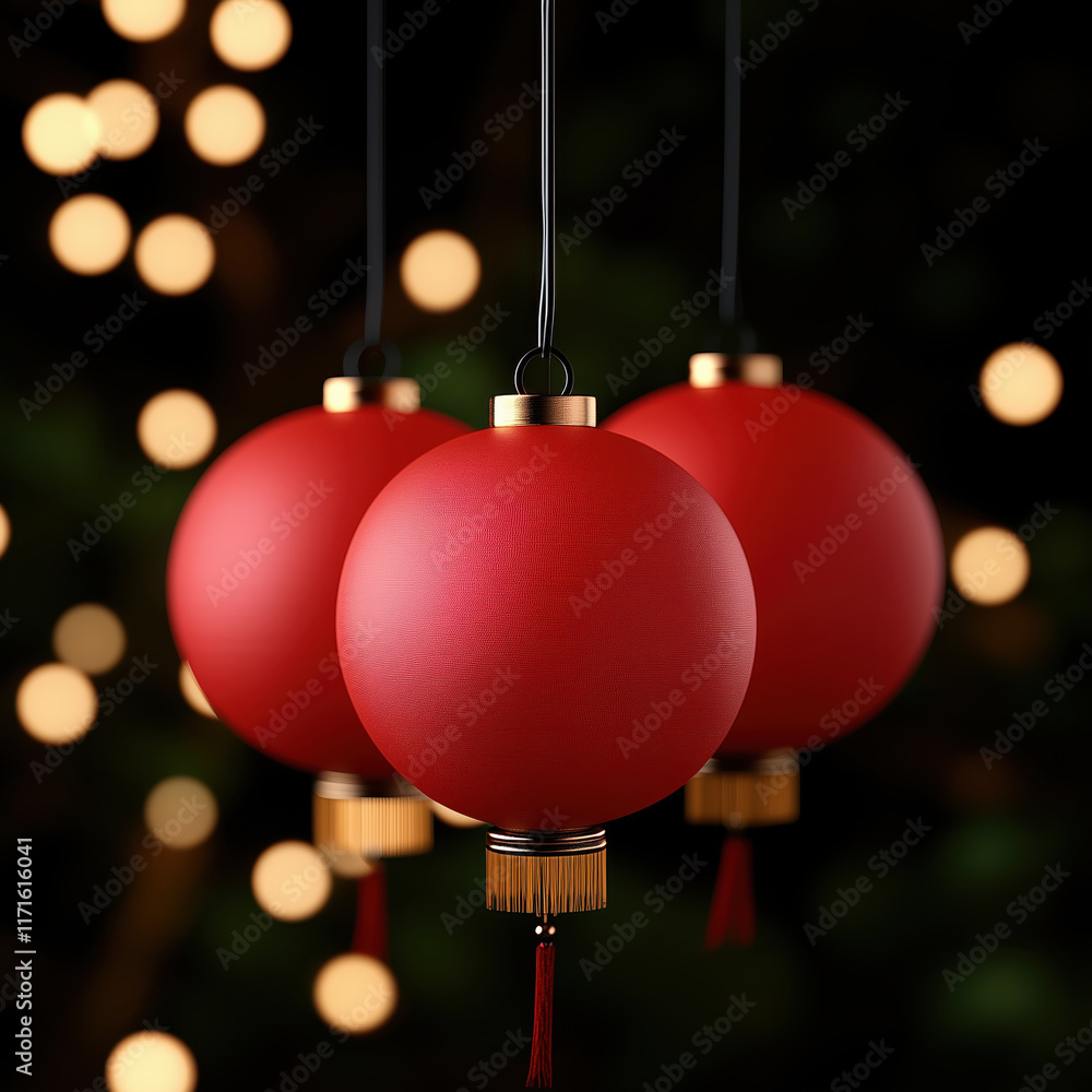 Red paper lanterns with gold trim and tassels. Asian festival decoration