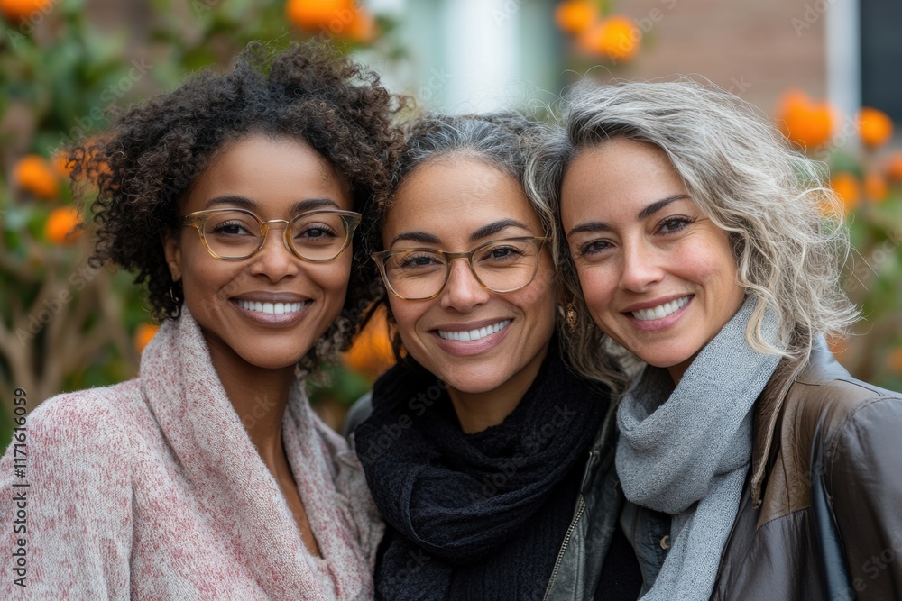 Celebration of diversity among friends during Women's March in a vibrant outdoor setting Celebration of diversity among friends during Women's March in a vibrant outdoor setting