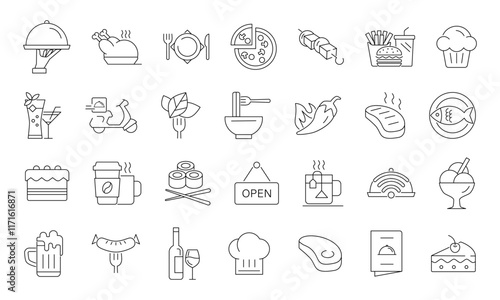 Restaurant line icons set. Linear icon collection related to food and drink. Editable stroke . Vector illustration.