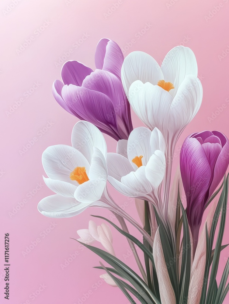 Fototapeta premium Crocuses pink and white spring flowers on pastel pink background.