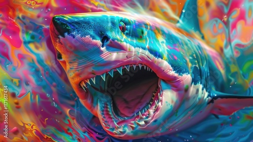 Shark, front view, open mouth, vibrant colors
