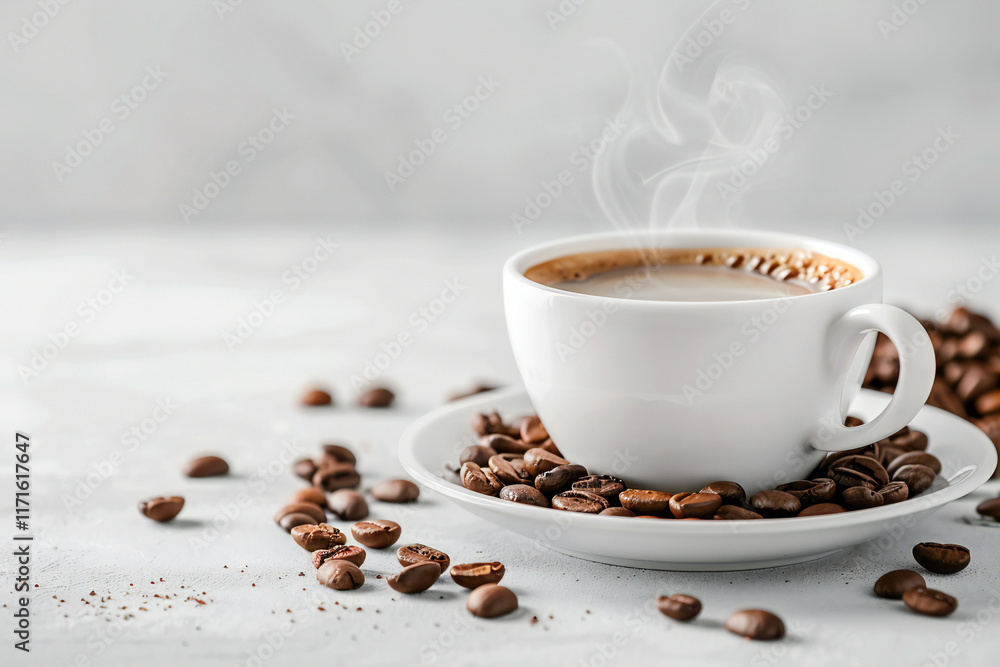 Fototapeta premium Freshly Brewed Espresso in a Coffee Cup with Creamy Swirl, Surrounded by Roasted Coffee Beans for a Rich Coffee Experience