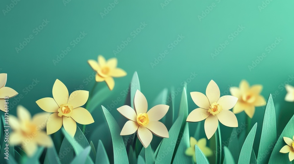 Fototapeta premium Paper cut spring flowers with copy space. Creative spring background with mockup space. Illustration