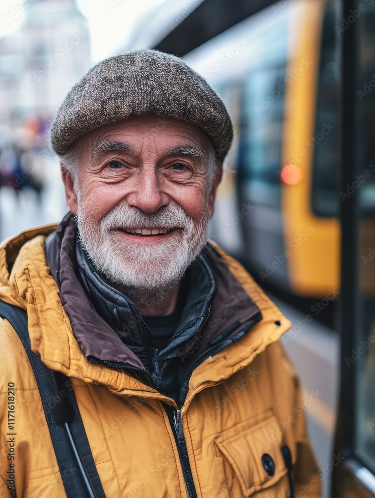 Senior man smiling in front of camera while waiting tram at city station - Citizen lifestyle and transportation concept - Focus on mouth Senior man smiling in front of camera while waiting tram at city station - Citizen lifestyle and transportation concept - Focus on mouth