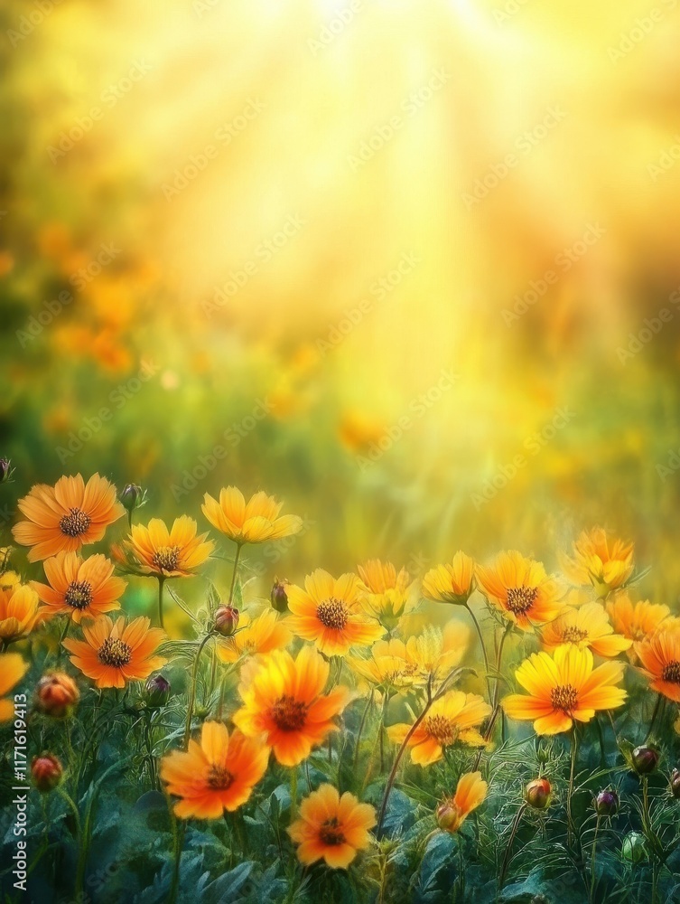 Obraz premium Beautiful field of colorful cosmos flower in a meadow in nature in the rays of sunlight in summer in the spring close-up of a macro. A picturesque colorful artistic image with a soft focus,