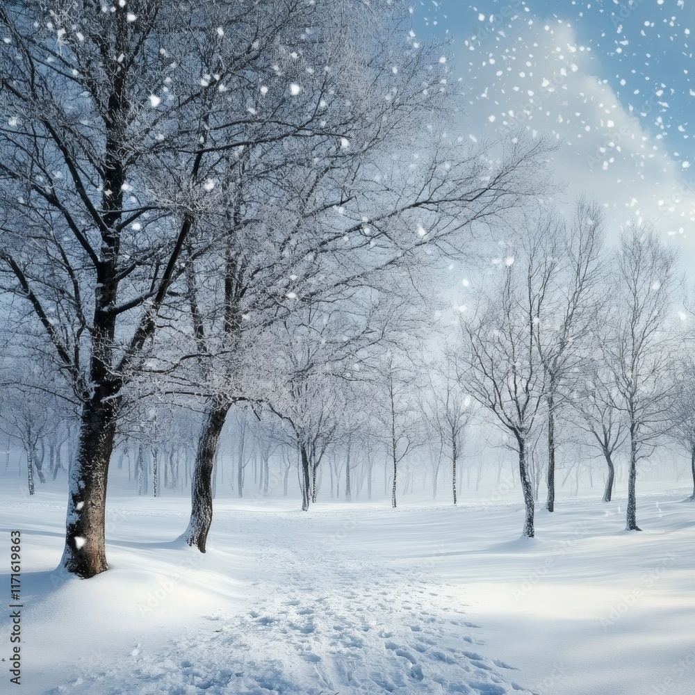 Fototapeta premium Snowy winter landscape with frozen trees background