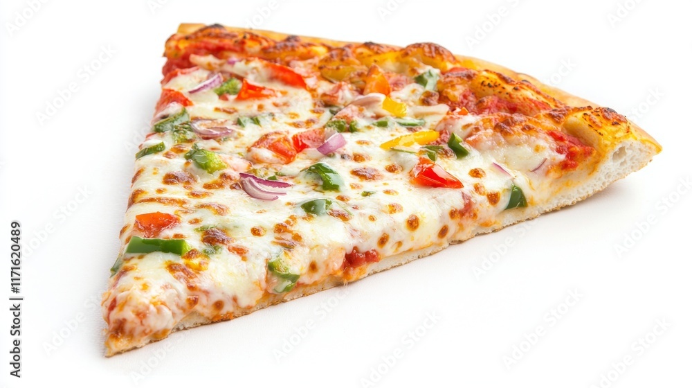 Delicious slice of pizza featuring melted mozzarella cheese, fresh tomatoes, onions, and colorful peppers, topped with savory tomato sauce, resting on a clean white background Delicious slice of pizza featuring melted mozzarella cheese, fresh tomatoes, onions, and colorful peppers, topped with savory tomato sauce, resting on a clean white background
