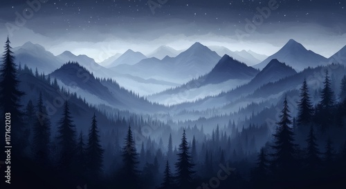 Mystical landscape with dark pine forests and misty mountains during twilight...
