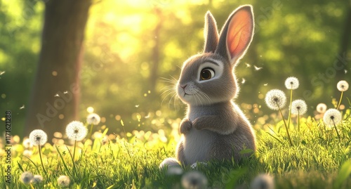 Cute rabbit sitting in a sunlit meadow surrounded by dandelions on a beautifu...