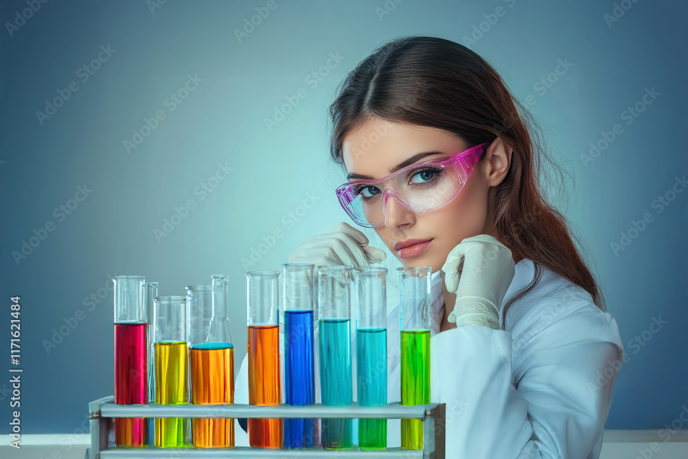 Woman conducting a colorful chemistry experiment in a laboratory setting and demonstrating scientific inquiry Woman conducting a colorful chemistry experiment in a laboratory setting and demonstrating scientific inquiry