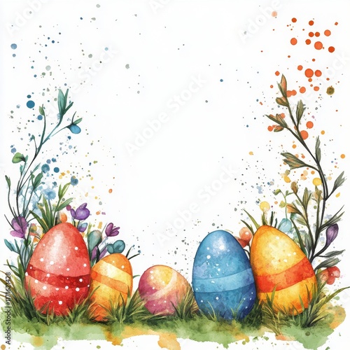 Colorful watercolor Easter eggs surrounded by spring flowers in a vibrant gar...