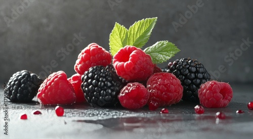 Freshly picked blackberries and raspberries on a stone surface under soft sun...