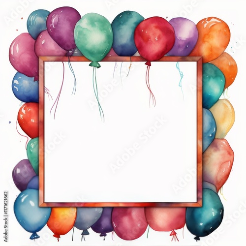 Colorful watercolor balloons framing a blank space for celebrations or messages