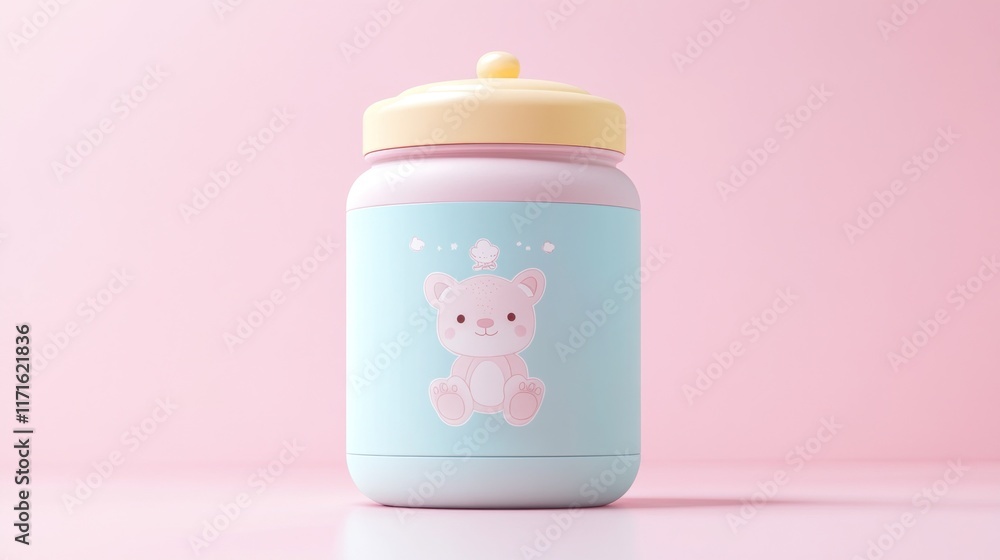 Cute baby bottle with teddy bear design on pink background Cute baby bottle with teddy bear design on pink background