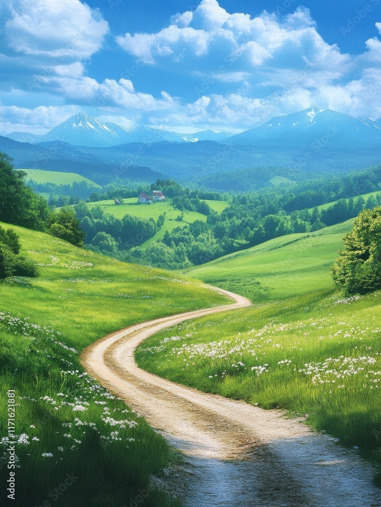 Fototapeta premium Natural landscape of green mountains and country road under blue sky
