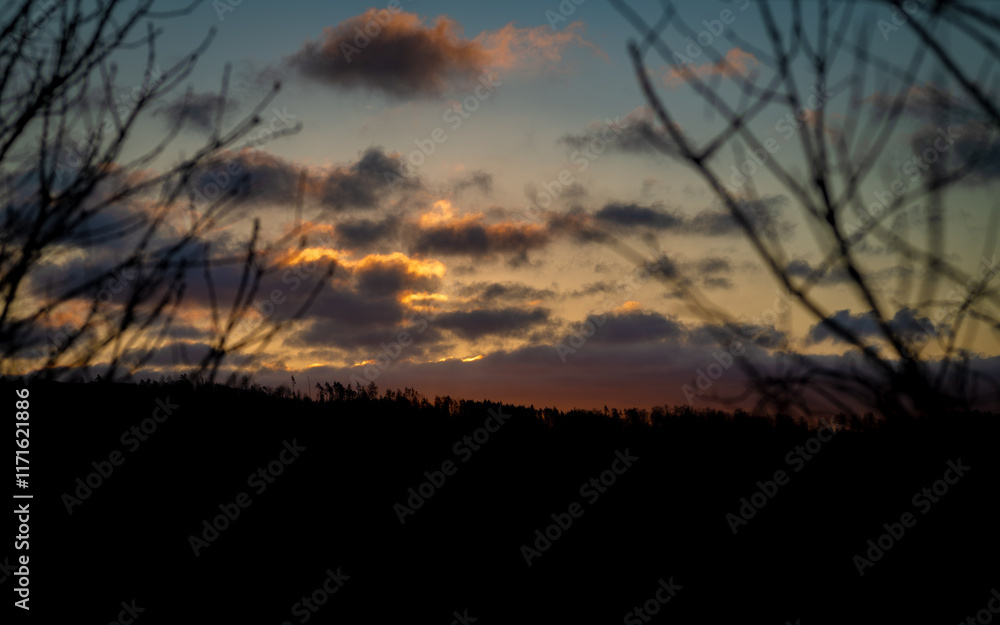 Red sunrise with windfall forest in winter morning near Batelov Red sunrise with windfall forest in winter morning near Batelov