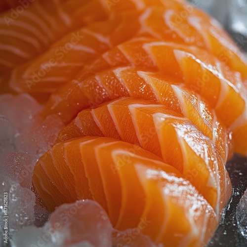 Freshly sliced salmon sushi arranged elegantly on ice with garnishing