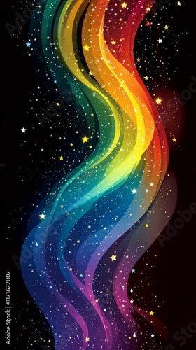 Colorful abstract design with waves and stars on a dark background