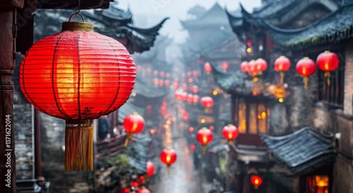 Lanterns illuminate a traditional street during twilight in an ancient city