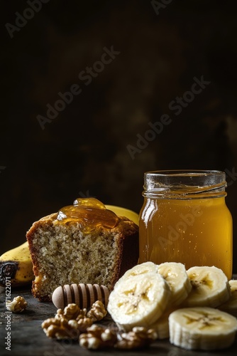 Delicious banana bread topped with walnuts and honey on a wooden table
