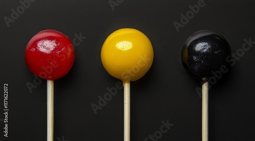 Colorful lollipops arranged creatively on a dark surface during a vibrant can...