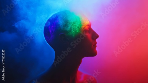 Wallpaper Mural Shaved head, colorful light, smoky background, serene profile. Torontodigital.ca