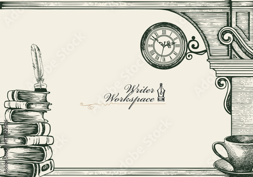 Vector banner on a writers theme with sketches and place for text. Writer workspace. Vintage illustration with hand-drawn books, vintage architecture and cup of coffee or tea