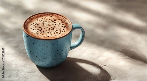 Warm cup of coffee resting on a dark stone countertop in a cozy setting durin...