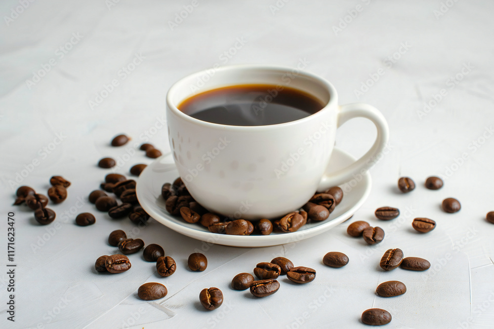 Freshly Brewed Espresso in a Coffee Cup with Creamy Swirl, Surrounded by Roasted Coffee Beans for a Rich Coffee Experience Freshly Brewed Espresso in a Coffee Cup with Creamy Swirl, Surrounded by Roasted Coffee Beans for a Rich Coffee Experience