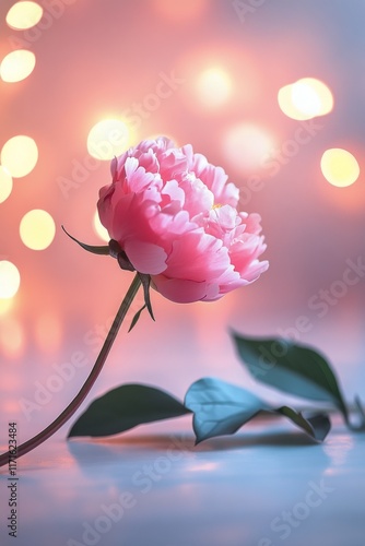 Beautiful pink peony flower stands out against a backdrop of warm bokeh light...
