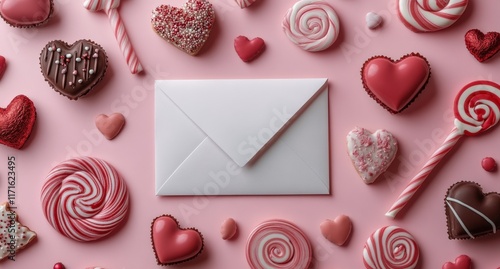 Heart-shaped cookies and a pink envelope create a charming display for Valent...