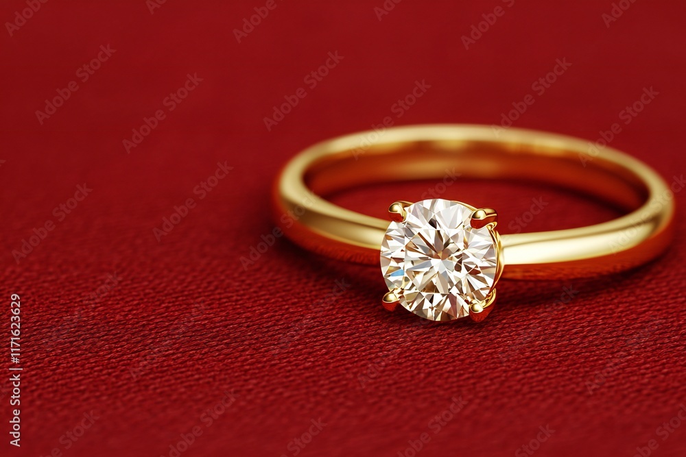Valentine's Day Sparkling Diamond Solitaire Engagement Ring in Gold on Red Background Valentine's Day Sparkling Diamond Solitaire Engagement Ring in Gold on Red Background