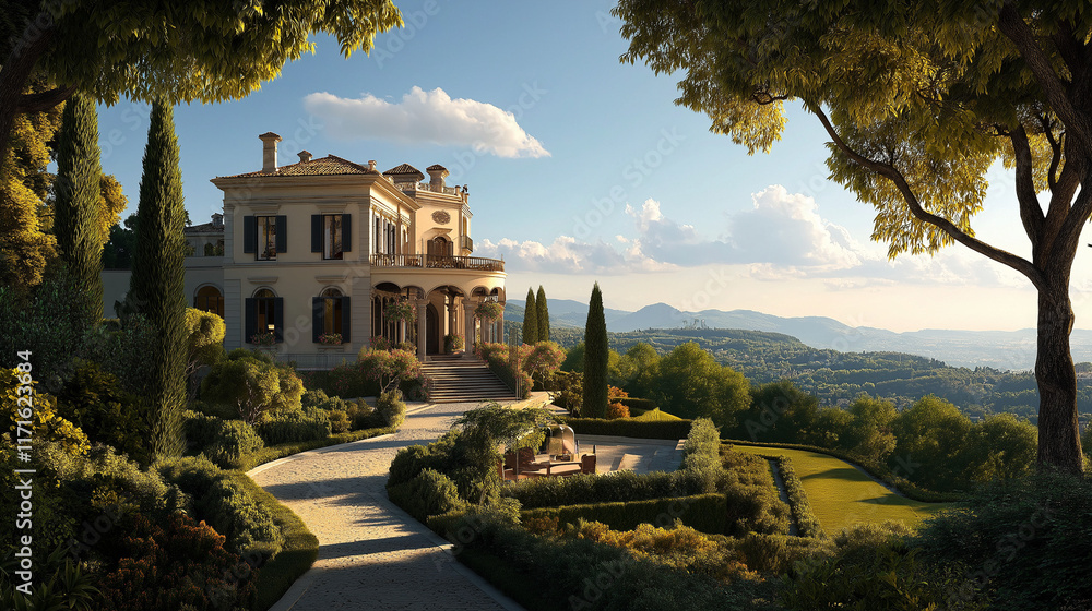 Obraz premium Elegante Villa mit gepflegtem Garten und atemberaubender Berglandschaft