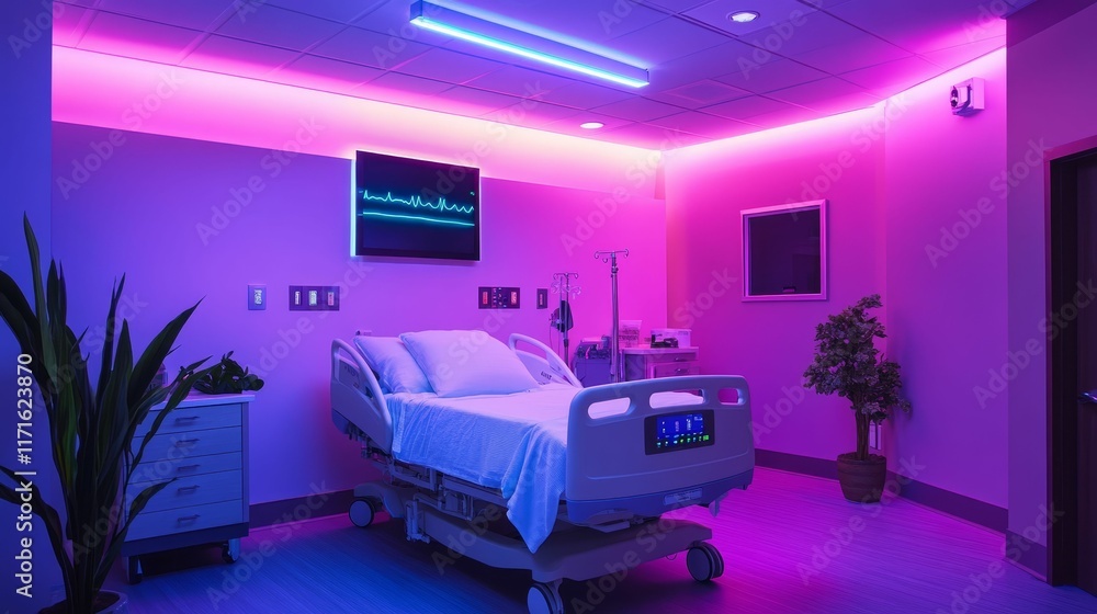 Fototapeta premium Hospital room, vibrant purple lighting, empty bed.