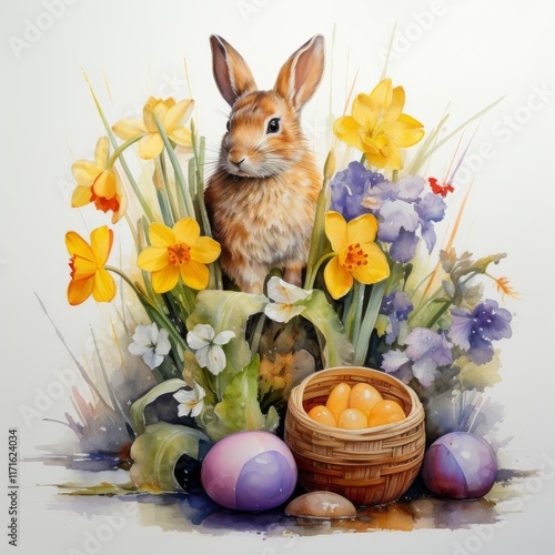 Cute rabbit surrounded by vibrant flowers in a spring garden setting