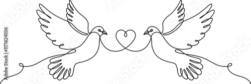 Continuous line drawing. Couple of dove bird minimalist design handdrawn. Vector illustration isolated.