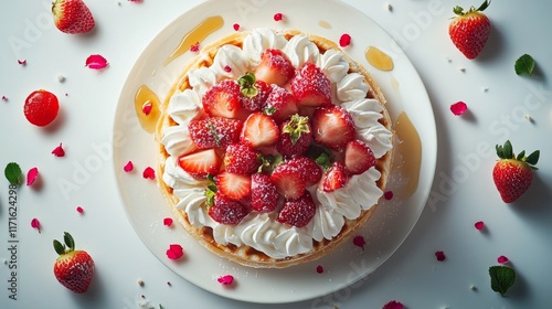 Fresh strawberries on waffles with honey and edible flowers in bright sunlight