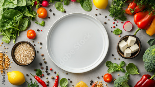 Colorful assortment of raw vegetables around a blank plate. Ideal for food and healthy eating concepts.