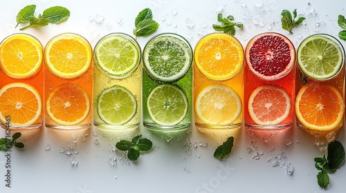 Colorful citrus fruit slices in glasses with ice and mint.