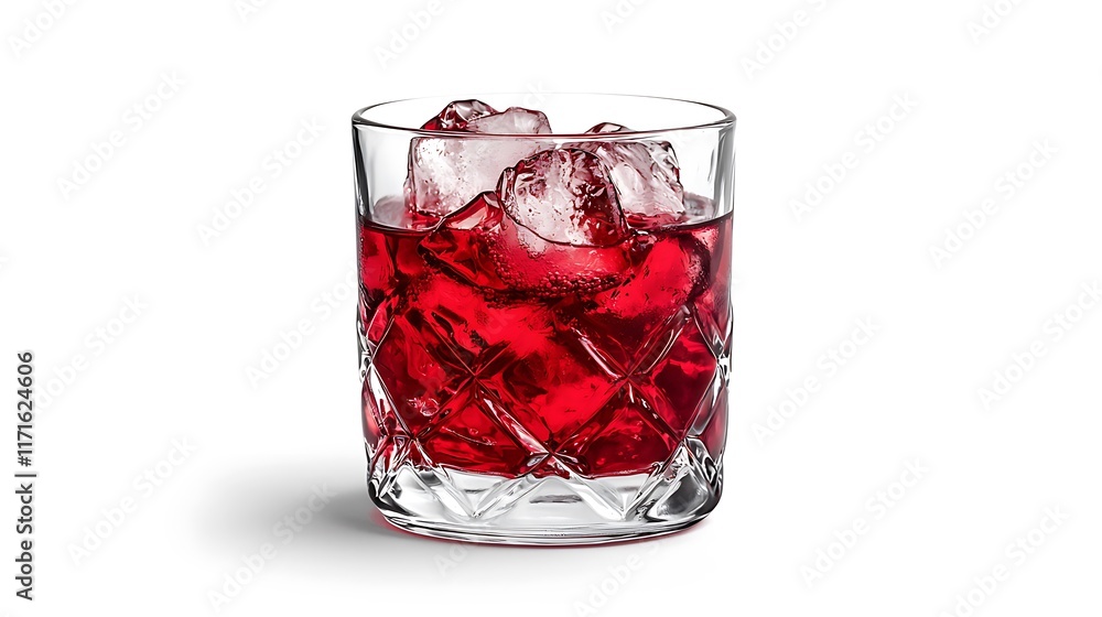 Isolated clear glass tumbler filled with vibrant red cocktail isolated on solid white background. Isolated clear glass tumbler filled with vibrant red cocktail isolated on solid white background.
