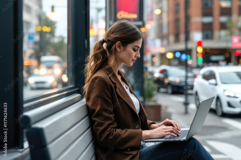 Fototapeta premium Businesswoman with laptop- commuting in the city